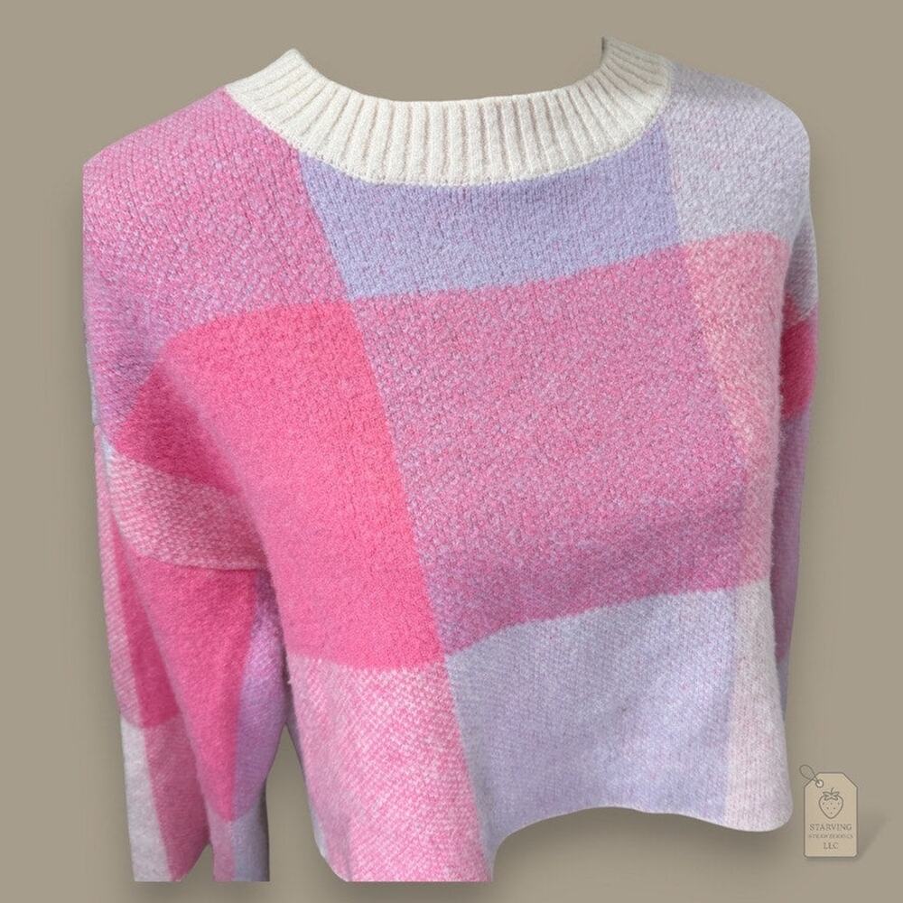 Pink & Lavender Plaid Cropped Sweater Women's XS | Wide Sleeves - Picture 2 of 7